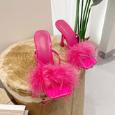 Pink Feather Strappy Sandals Heels Comfy Shoes