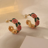 Enamel Glaze Pink Camellia Hoop Earrings in 18K Gold Plated