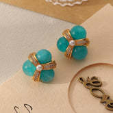 Triple Round Natural Blue Stones Stud Earring