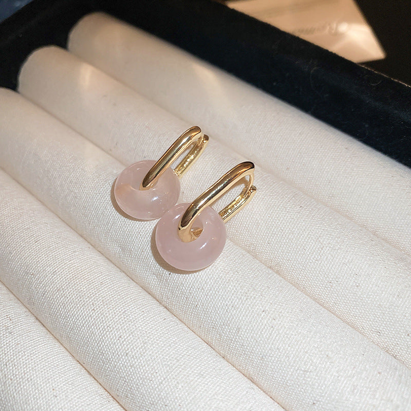 Gold Plated Green Jade/ Rose Quartz Hoop Earrings