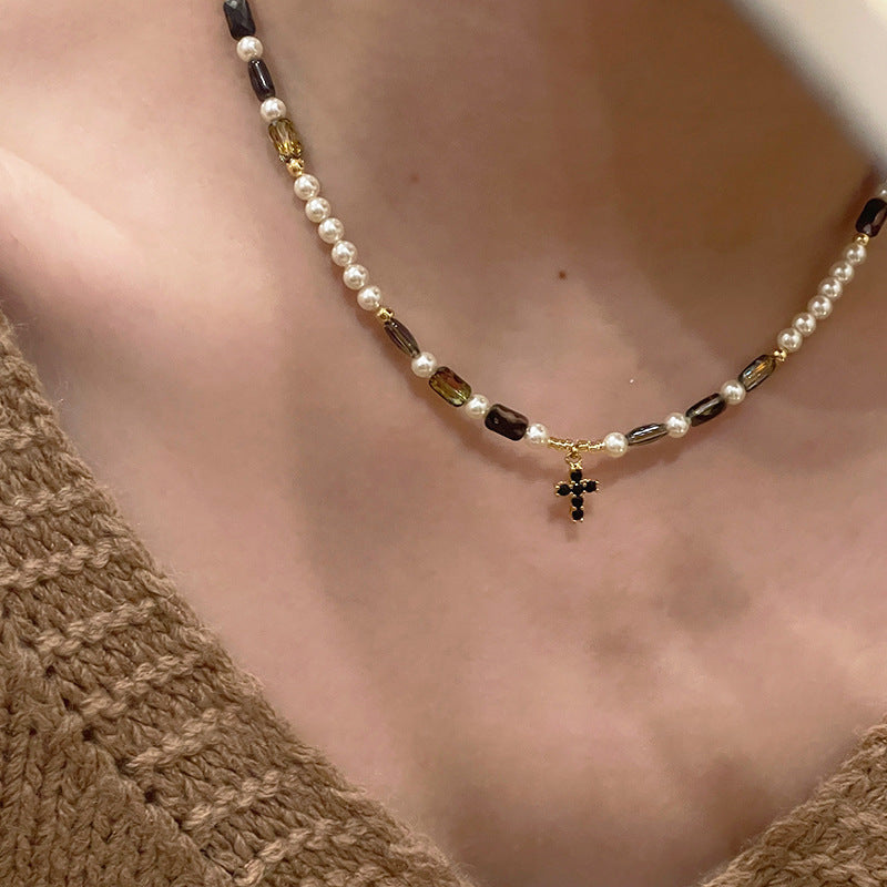 Cross Pearl Charm Beaded Choker Necklace