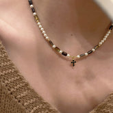 Cross Pearl Charm Beaded Choker Necklace