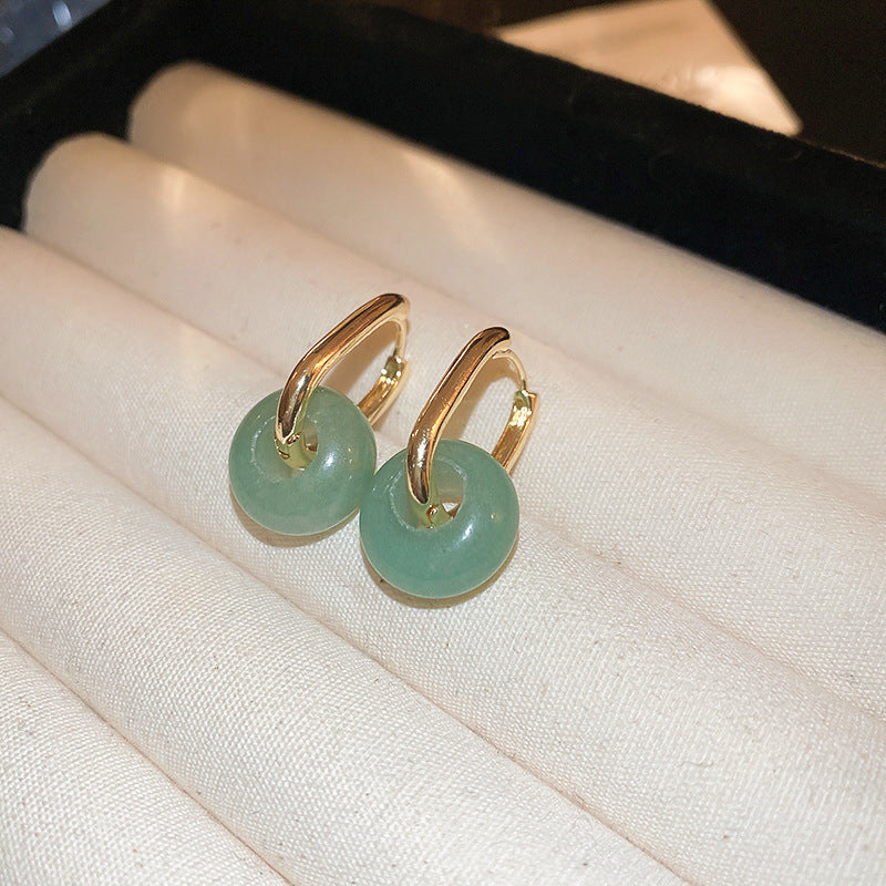 Gold Plated Green Jade/ Rose Quartz Hoop Earrings