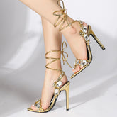 Gold Sparkling Lace Up Highheels Fashion Shoes