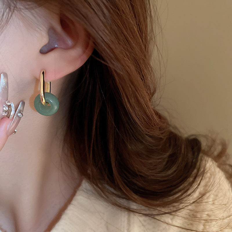 Gold Plated Green Jade/ Rose Quartz Hoop Earrings