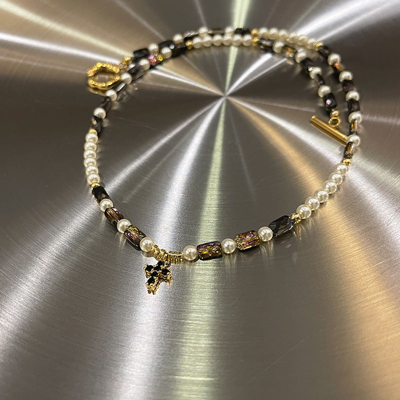 Cross Pearl Charm Beaded Choker Necklace