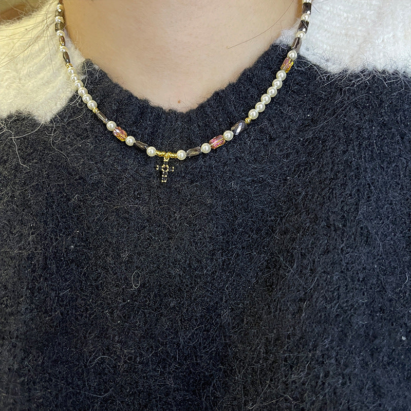 Cross Pearl Charm Beaded Choker Necklace