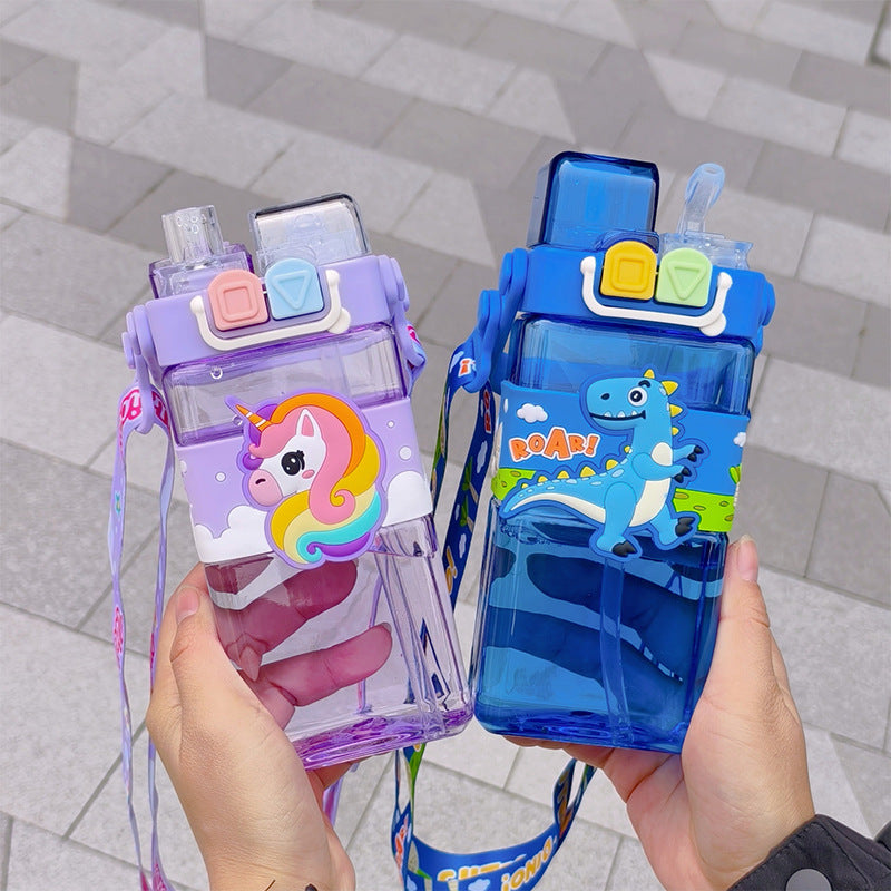 Kids Dual Straw Water Bottle with strap 520ml