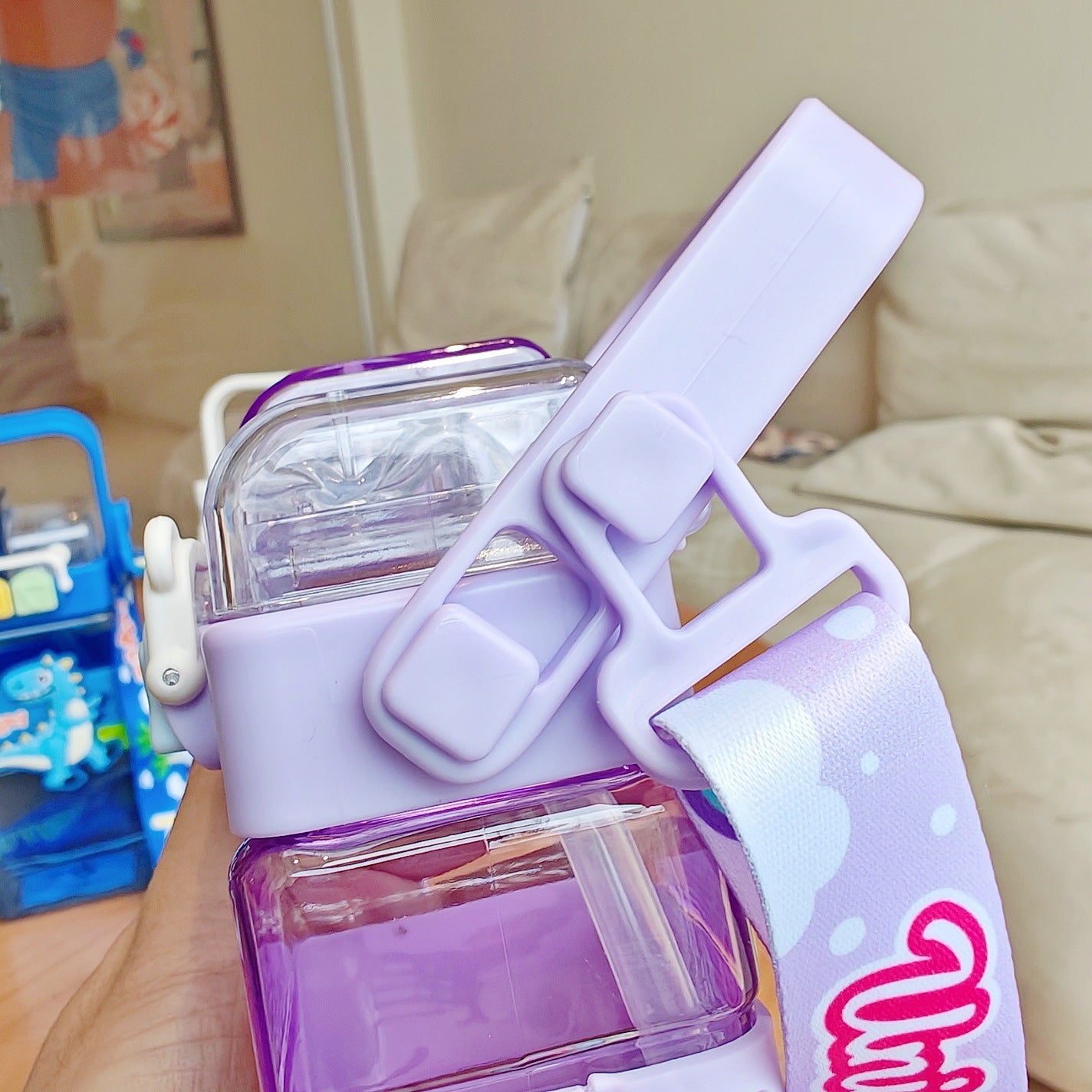 Kids Dual Straw Water Bottle with strap 520ml