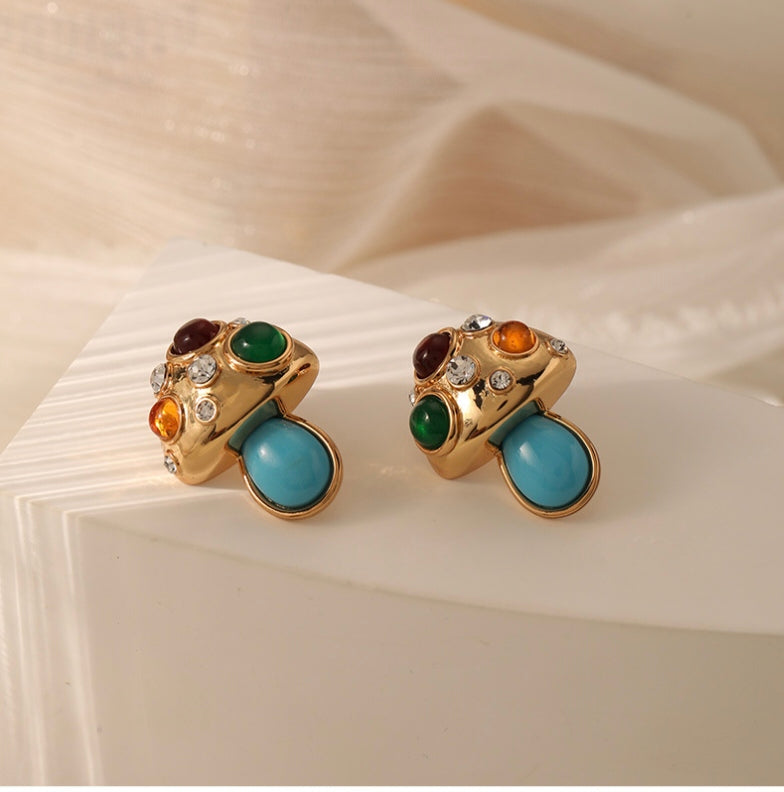 Turquoise Cubic Zirconia Mashroom Studs Earrings 18K Gold Plated