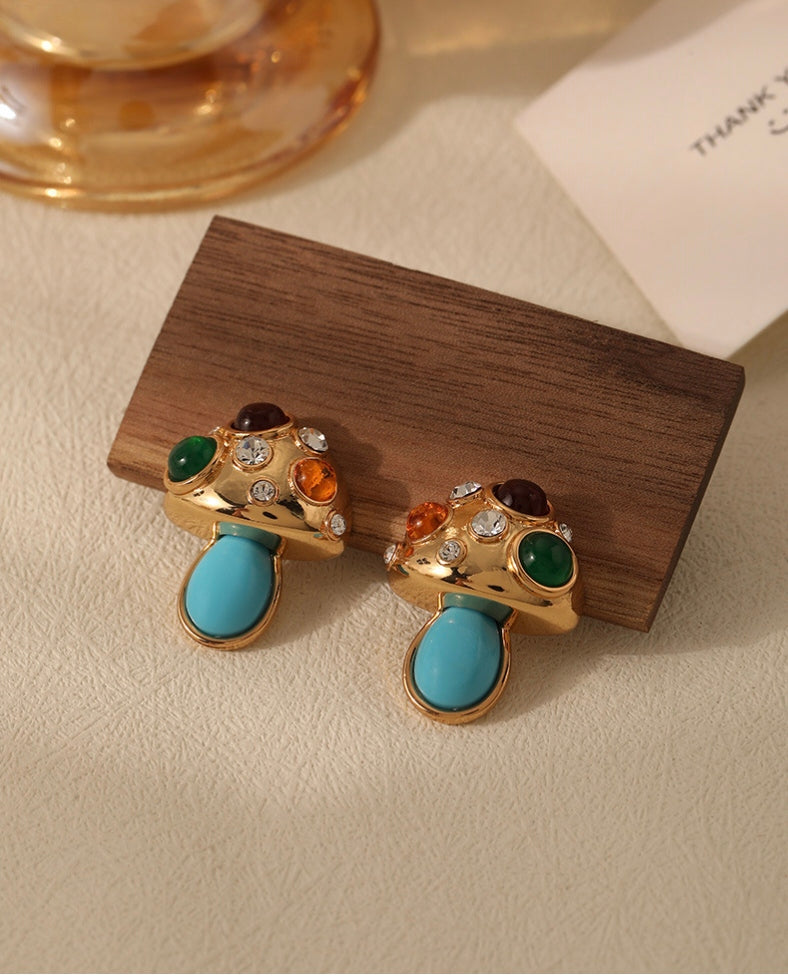 Turquoise Cubic Zirconia Mashroom Studs Earrings 18K Gold Plated