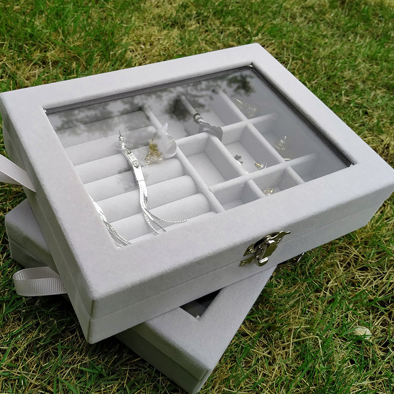 9 Grids Portable Flannel Jewelry Box with Glass Transparent Jewelry