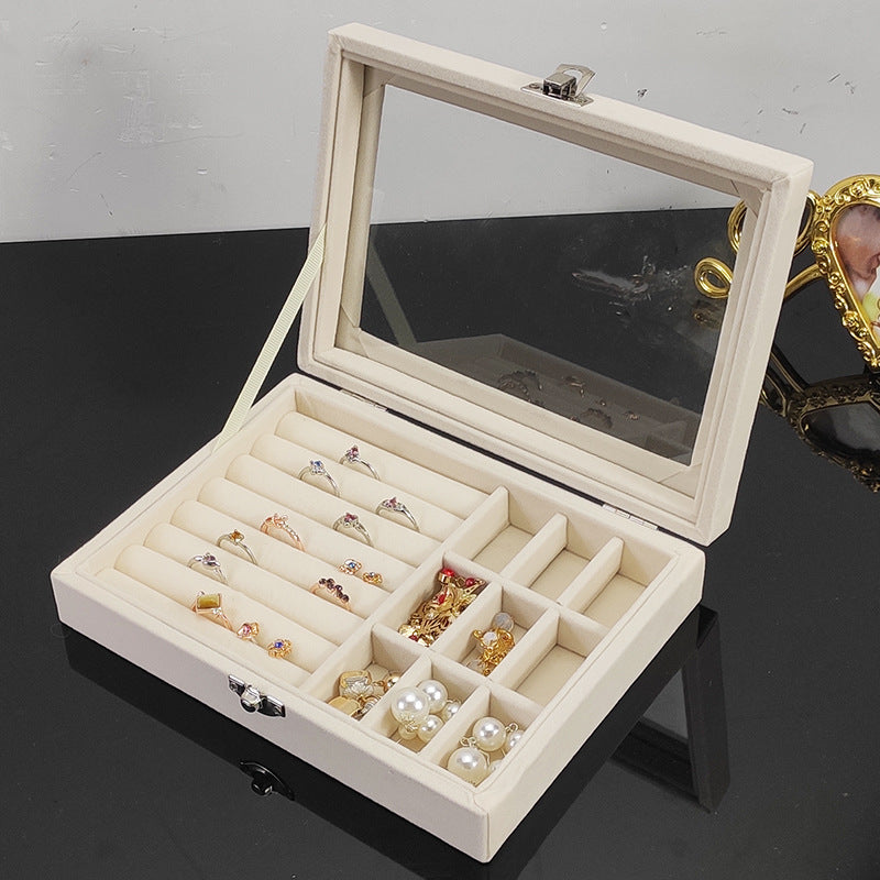 9 Grids Portable Flannel Jewelry Box with Glass Transparent Jewelry
