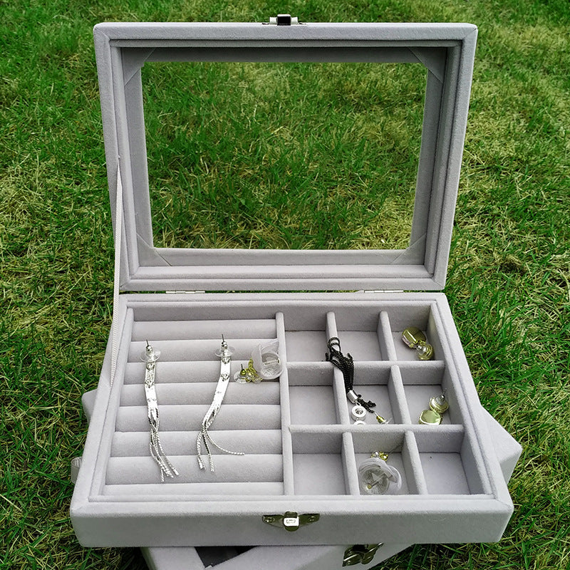 9 Grids Portable Flannel Jewelry Box with Glass Transparent Jewelry