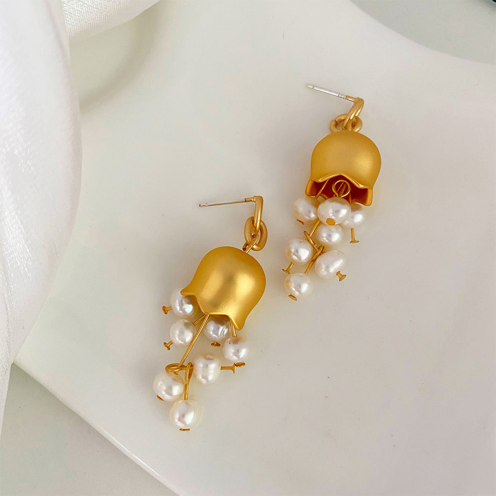 18k Gold Plated Cultured Pearl Lily of the Valley Drop Earrings