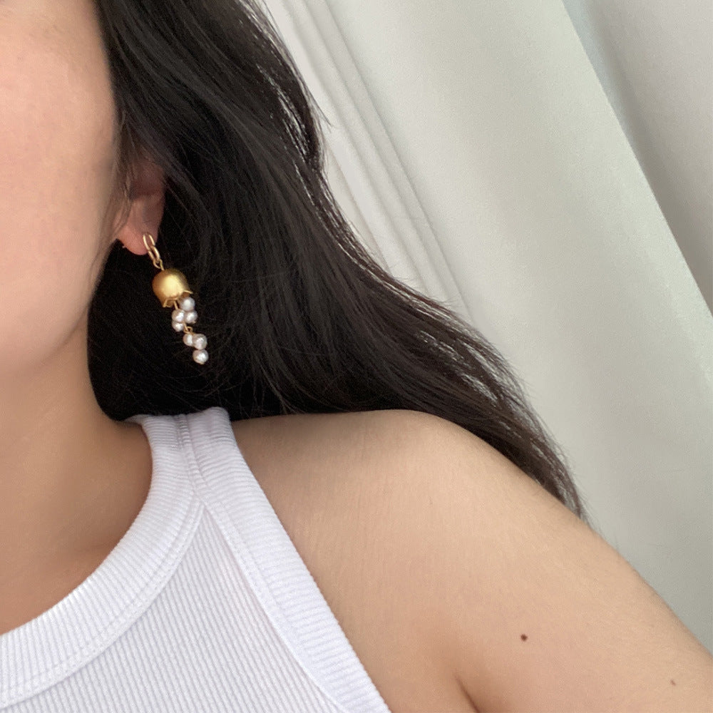 18k Gold Plated Cultured Pearl Lily of the Valley Drop Earrings