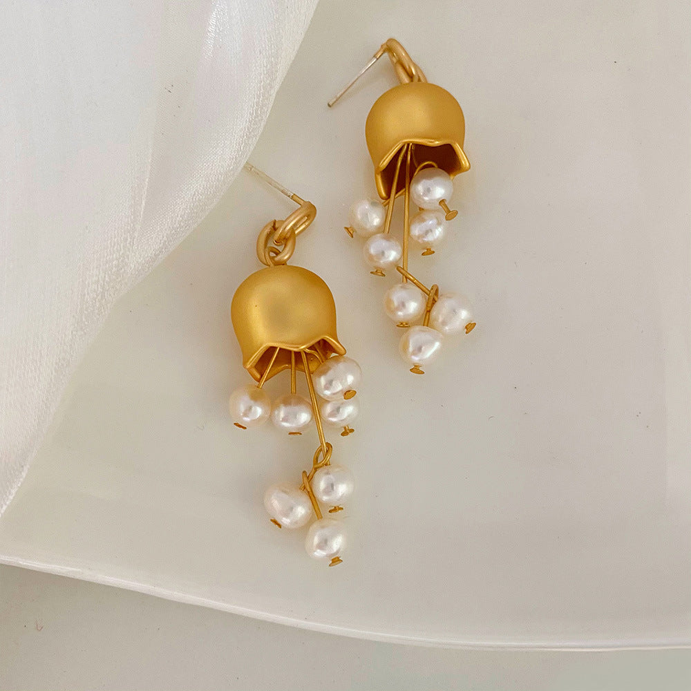 18k Gold Plated Cultured Pearl Lily of the Valley Drop Earrings