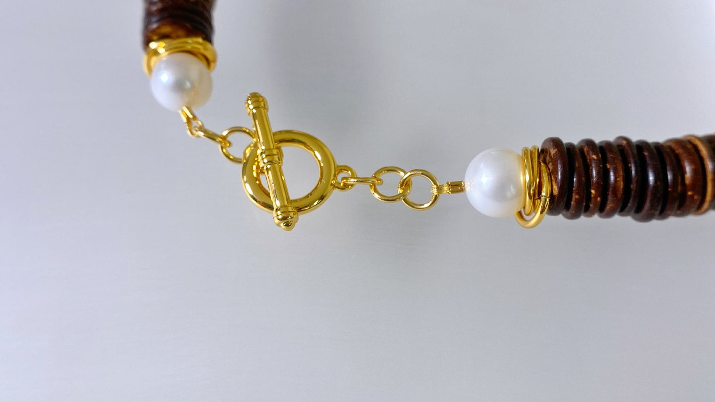 24k Gold Plated Coconut Beads with Freshwater Pearl Necklace