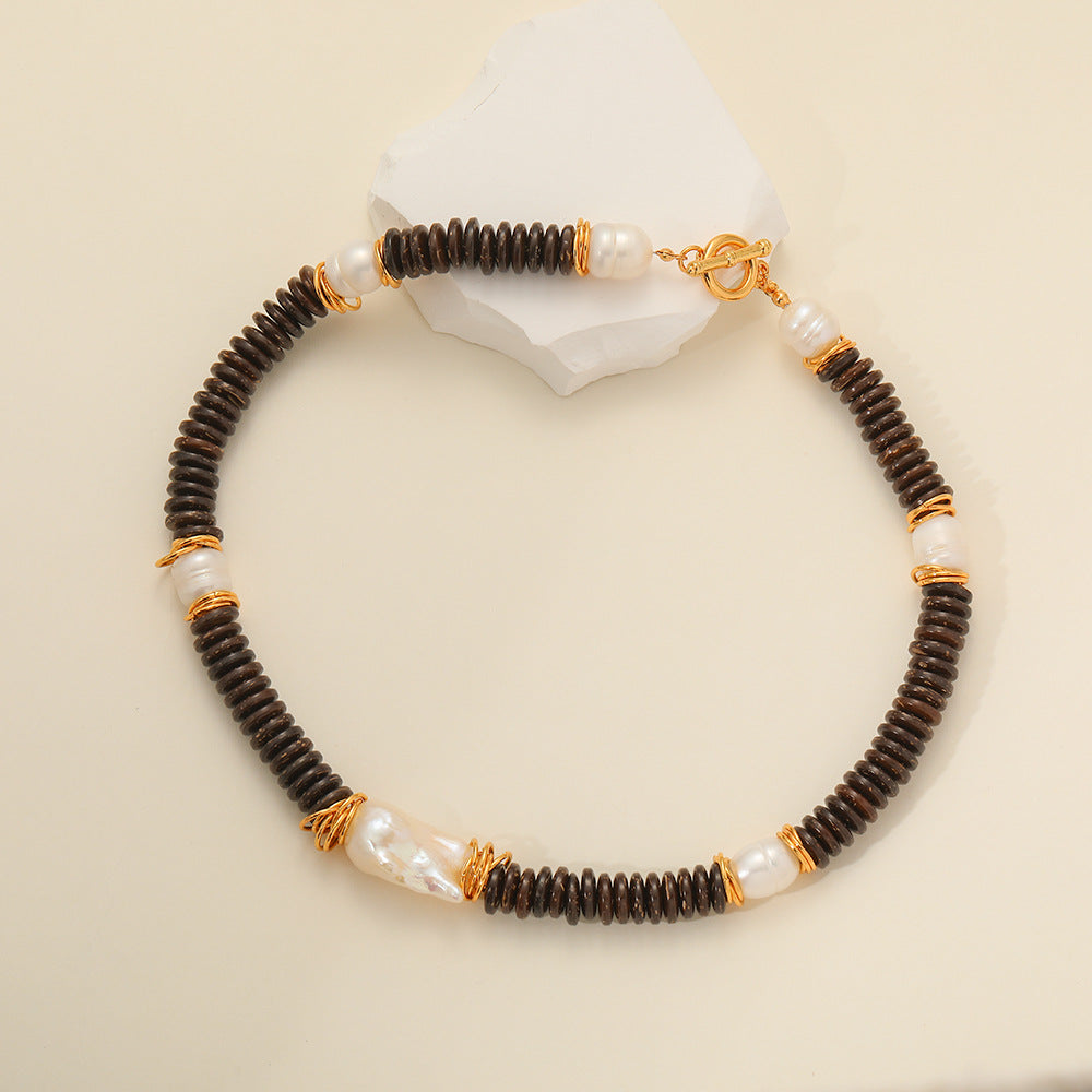24k Gold Plated Coconut Beads with Freshwater Pearl Necklace