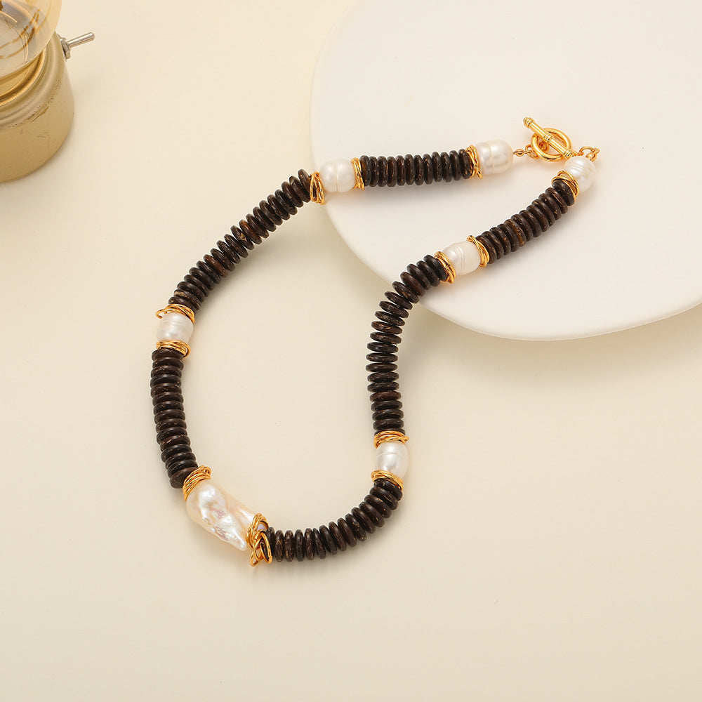 24k Gold Plated Coconut Beads with Freshwater Pearl Necklace