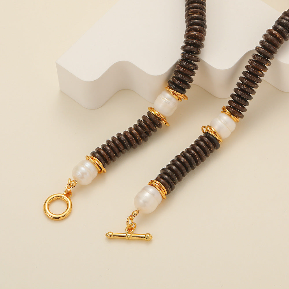 24k Gold Plated Coconut Beads with Freshwater Pearl Necklace