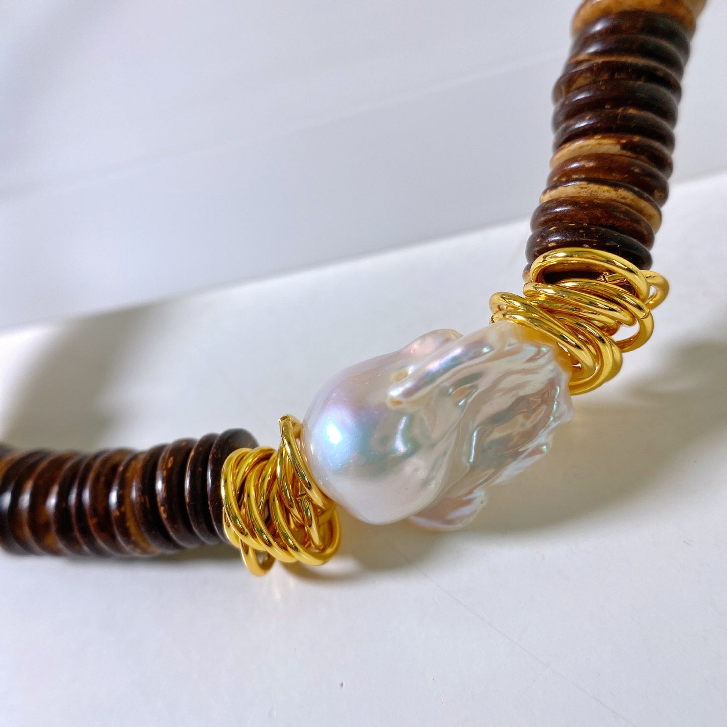 24k Gold Plated Coconut Beads with Freshwater Pearl Necklace