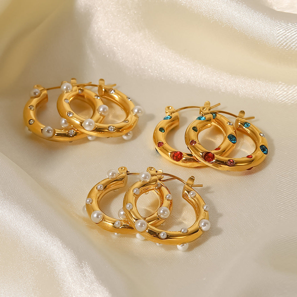18k Gold Plated Color Stone Hoops