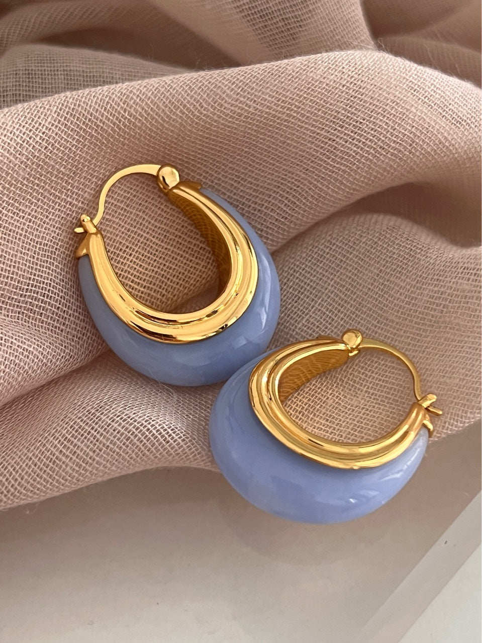 Creamy Denim Light Blue Oval Shaped Hoop Earrings 18k Gold Plated