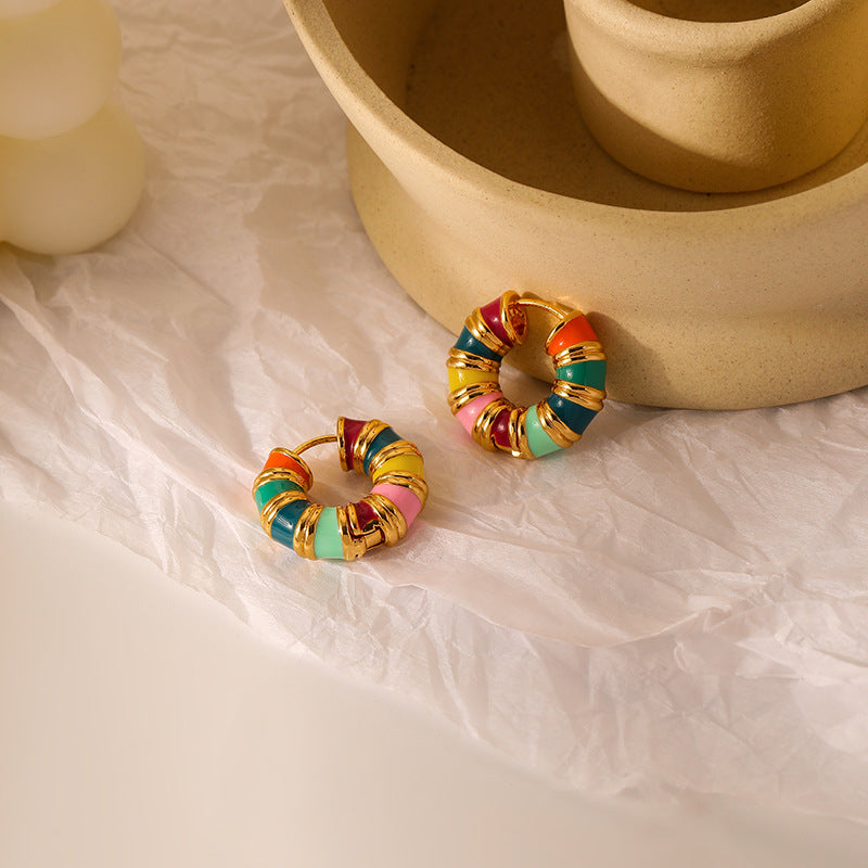 Small Colorful Enamel Hoop Earrings 18k Gold Plated