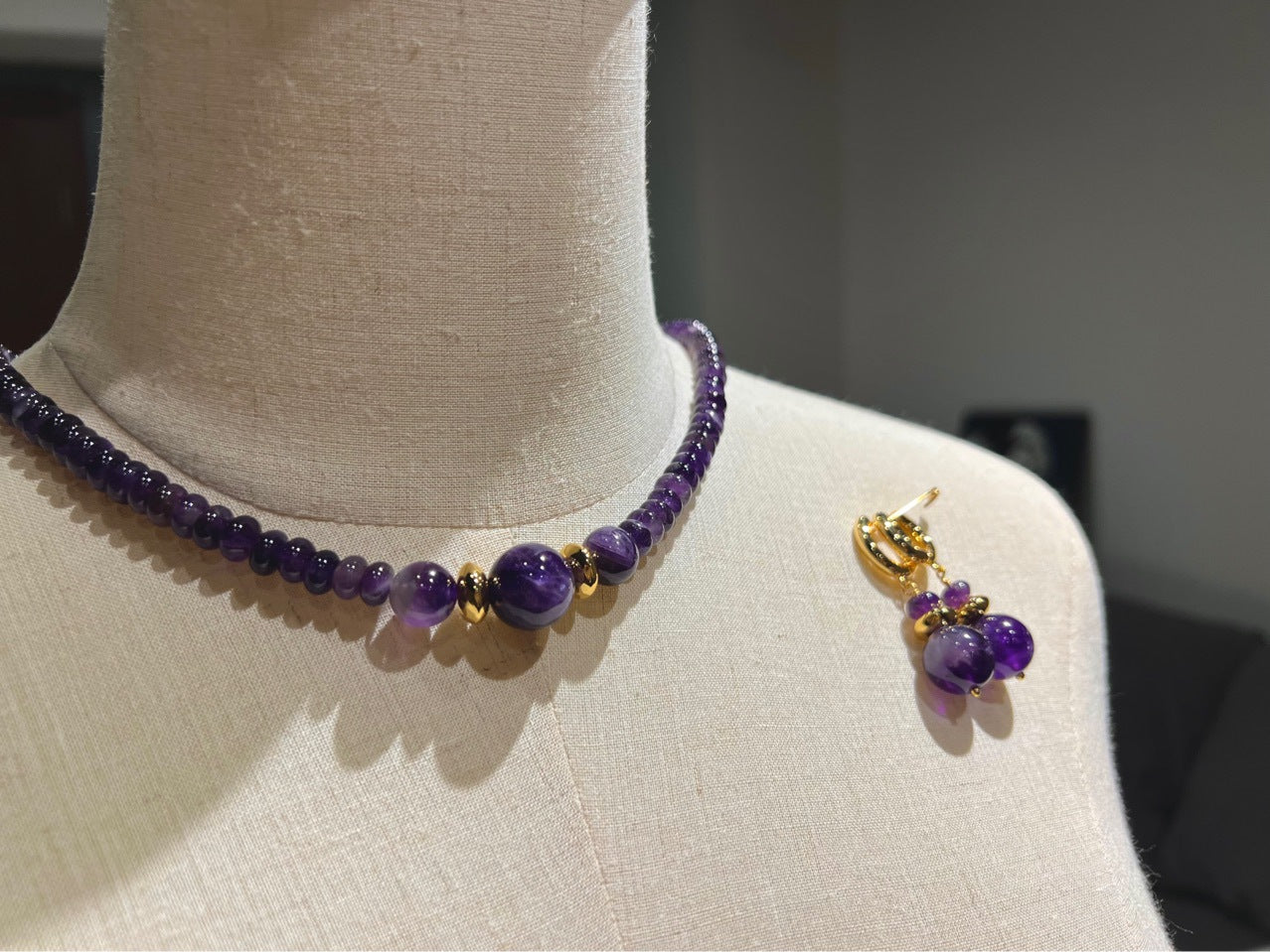 Handmade Nature Amethyst BeadNecklace/ Earrings 24ct Gold Plated