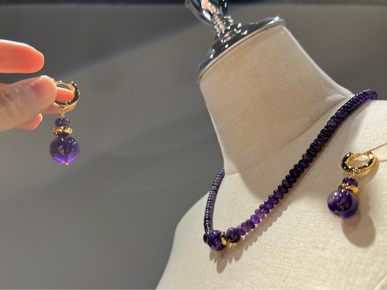 Handmade Nature Amethyst BeadNecklace/ Earrings 24ct Gold Plated