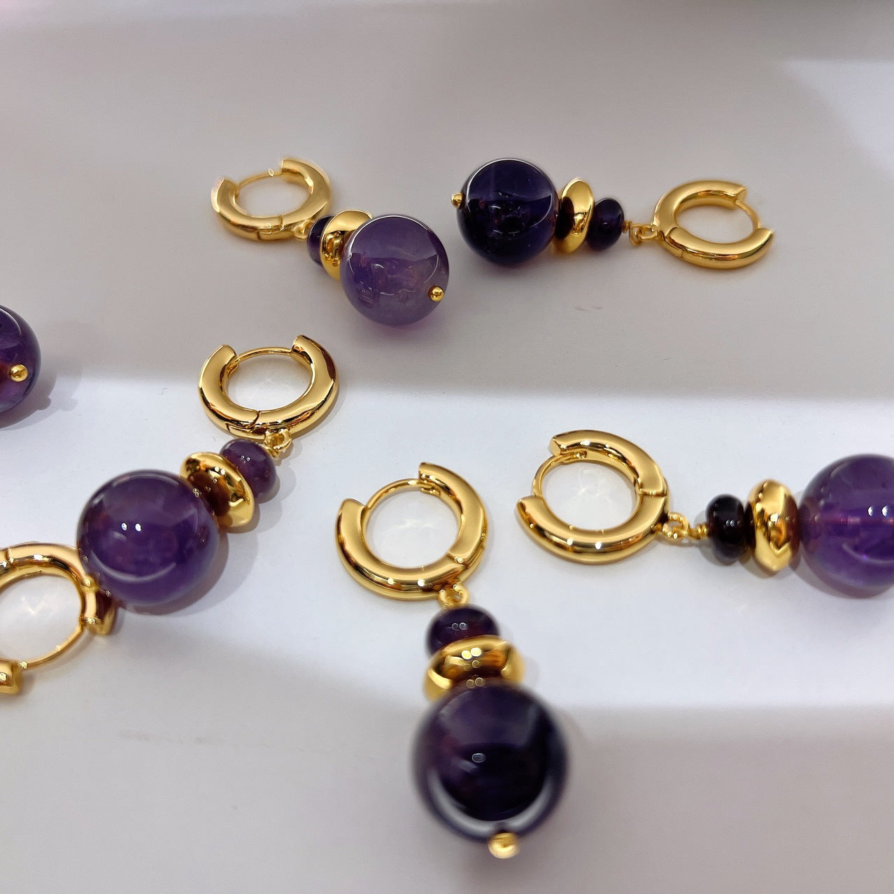 Handmade Nature Amethyst BeadNecklace/ Earrings 24ct Gold Plated