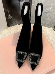 Square Buckle Pointed Ankle Low Heel Boots Shoes