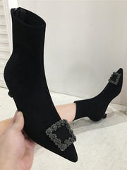 Square Buckle Pointed Ankle Low Heel Boots Shoes