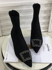 Square Buckle Pointed Ankle Low Heel Boots Shoes