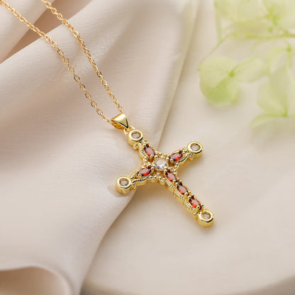 Vintage Cross Necklace Cubic Zirconium 18K Gold Plated