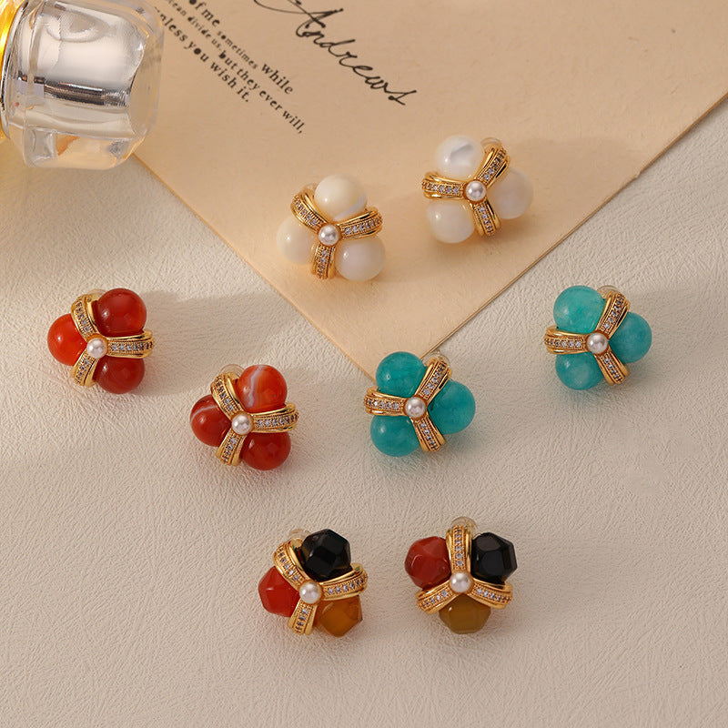 Triple Round Natural Blue Stones Stud Earring