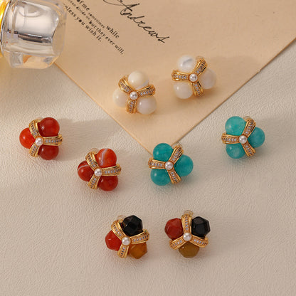 Triple Round Natural Blue Stones Stud Earring