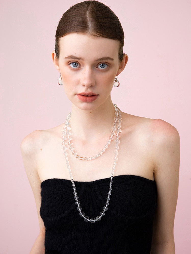 Long Elegant White Quiz Crystal Beaded Necklace