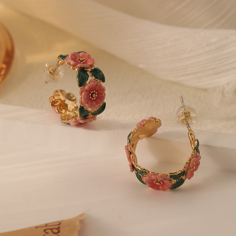 Enamel Glaze Pink Camellia Hoop Earrings in 18K Gold Plated