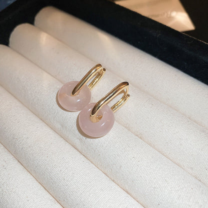 Gold Plated Green Jade/ Rose Quartz Hoop Earrings