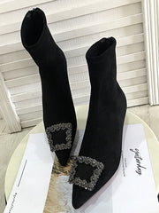 Square Buckle Pointed Ankle Low Heel Boots Shoes