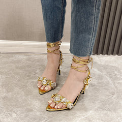 Gold Sparkling Lace Up Highheels Fashion Shoes