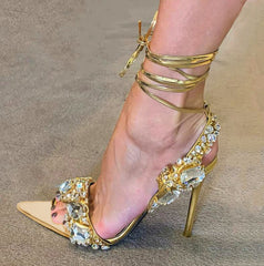 Gold Sparkling Lace Up Highheels Fashion Shoes
