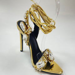 Gold Sparkling Lace Up Highheels Fashion Shoes