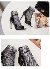 Shinny Diamond Studs Toe Fishnet Highheels Fashion Party Shoes