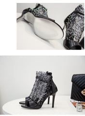 Shinny Diamond Studs Toe Fishnet Highheels Fashion Party Shoes