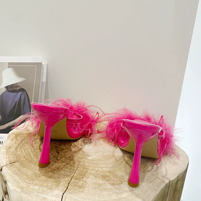 Pink Feather Strappy Sandals Heels Comfy Shoes