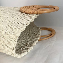 Handmade Ring Wood Handle Straw Bag