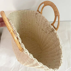 Handmade Ring Wood Handle Straw Bag